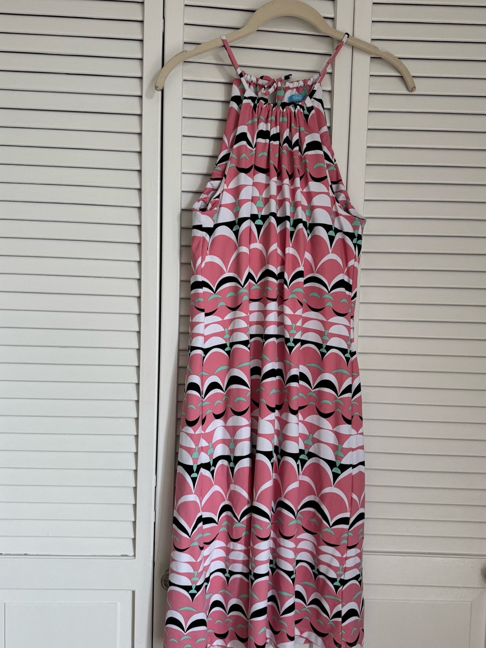 J. McLaughlin Pink Geometric Halter Maxi Dress with Mint Accents